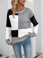 Color Block Knit Long Sleeve Sweater OutfitFlow