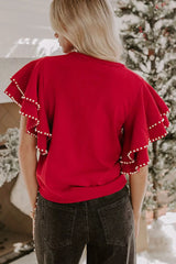 Ruffle Sleeve Pearl Embellished Knit Top OutfitFlow