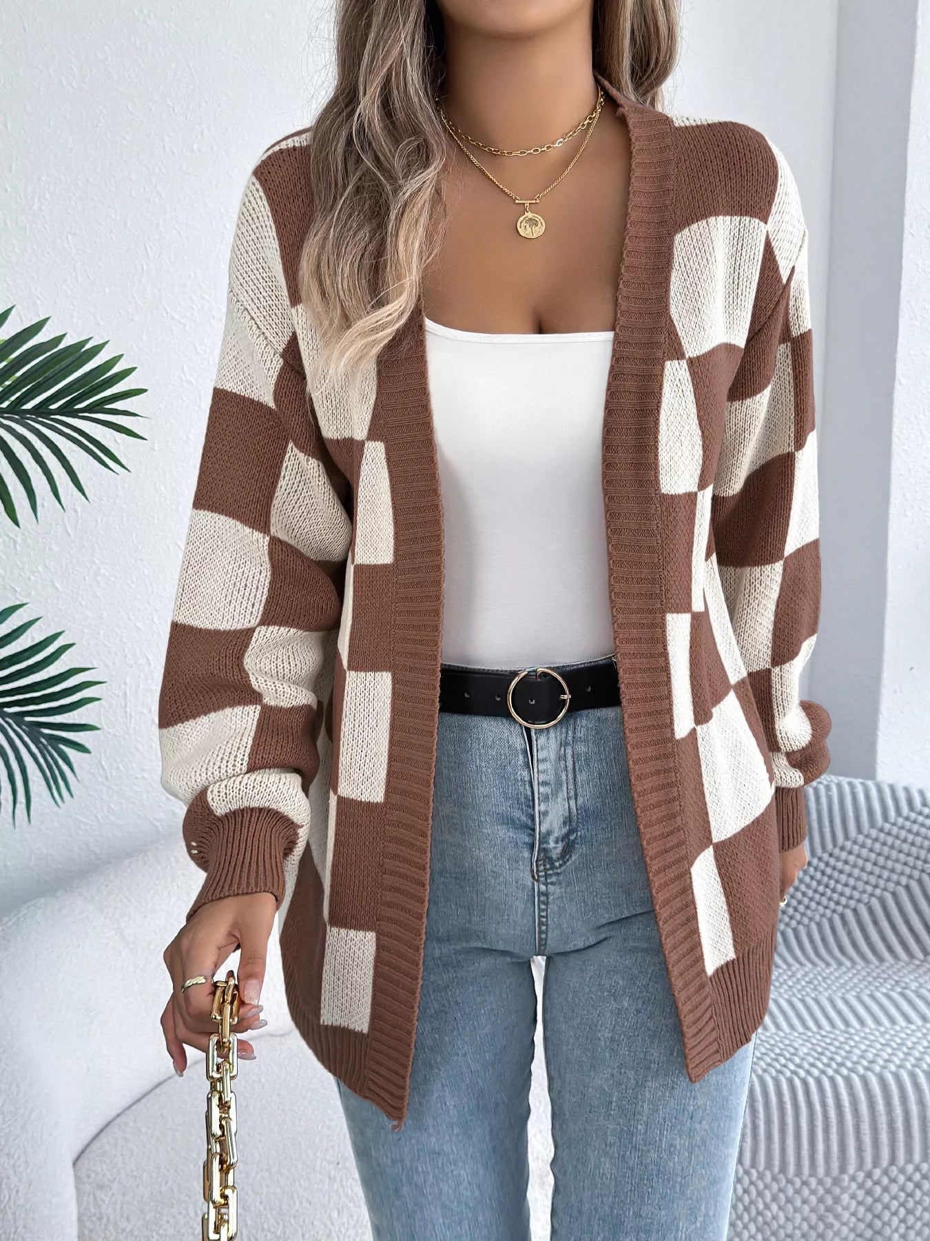Checkered Pattern Open Front Cardigan OutfitFlow