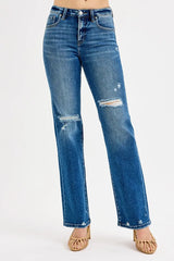 RISEN Full Size Tummy Control High Rise Straight Distressed Jeans Plus Size DARK OutfitFlow
