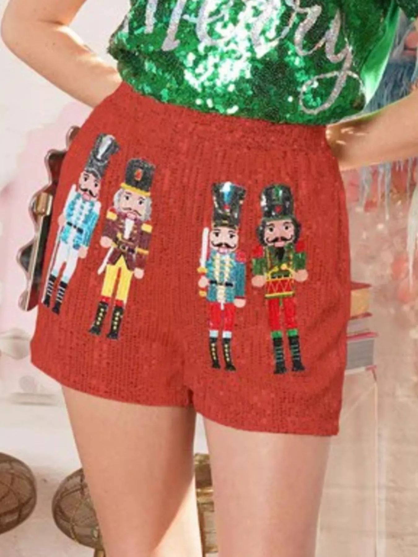 Christmas Sequined Nutcracker Shorts Red OutfitFlow