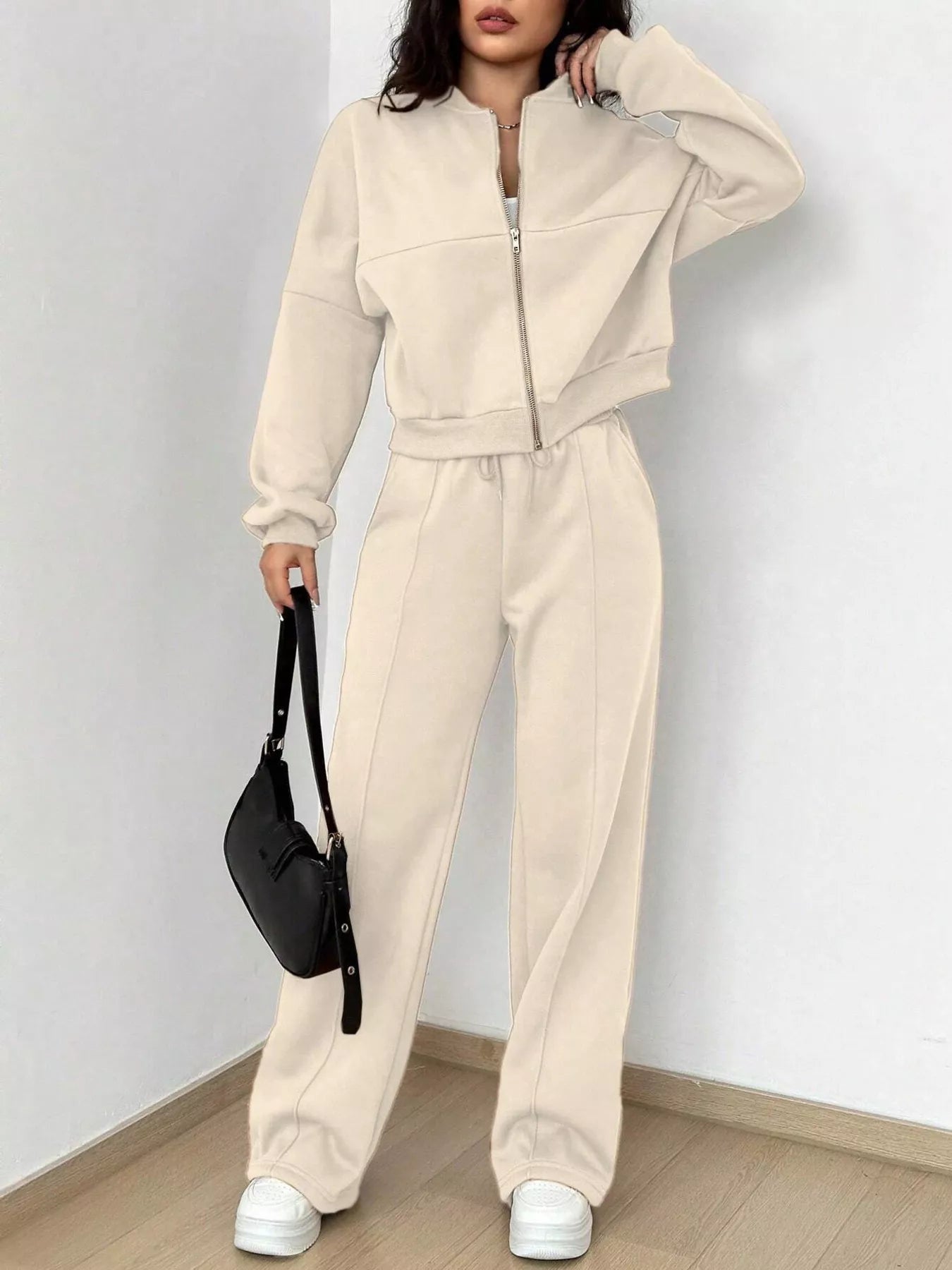 Casual Solid Color Zipper Jacket and Wide Leg Pants Set OutfitFlow