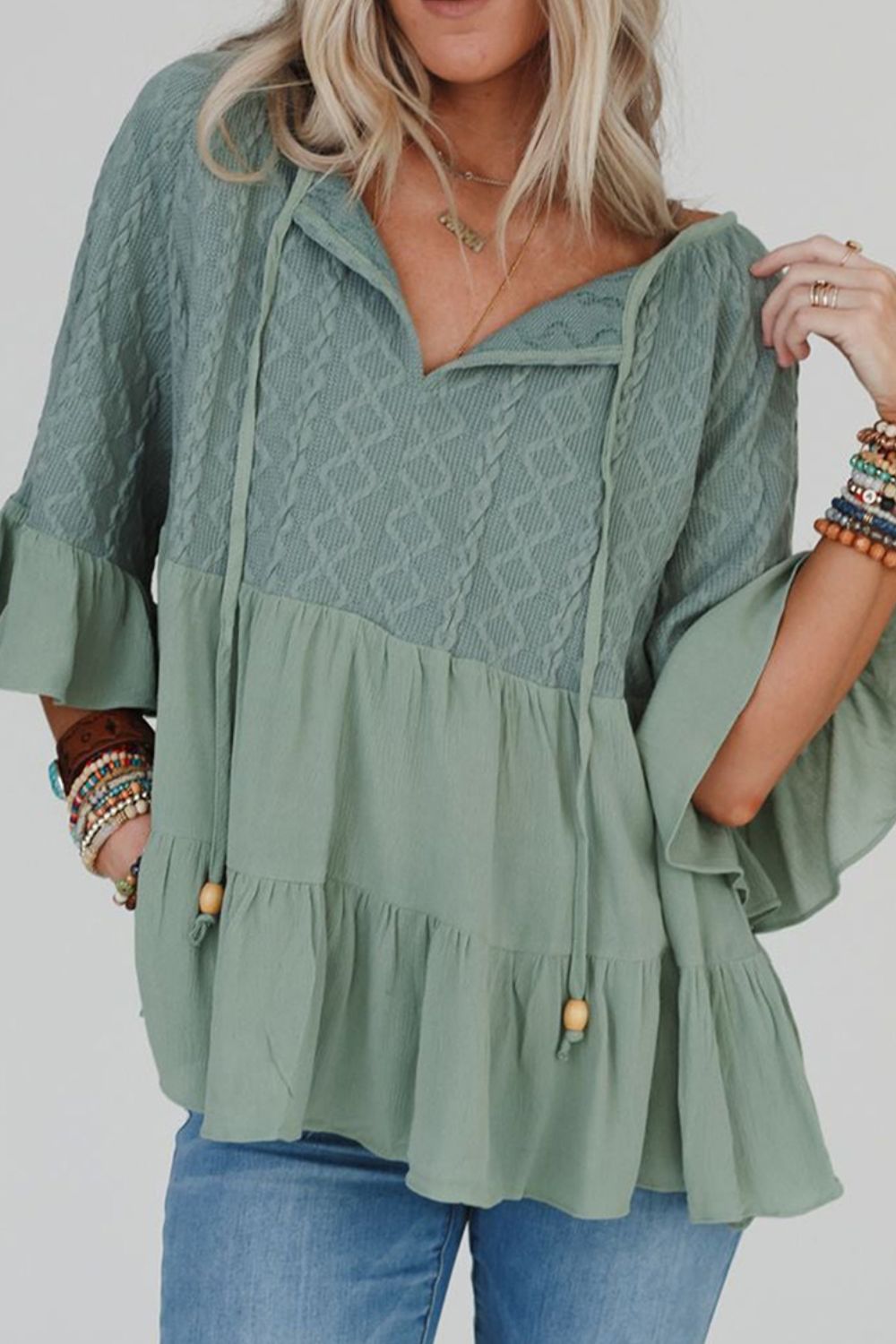 Ruffled Tie Neck Three-Quarter Sleeve Blouse