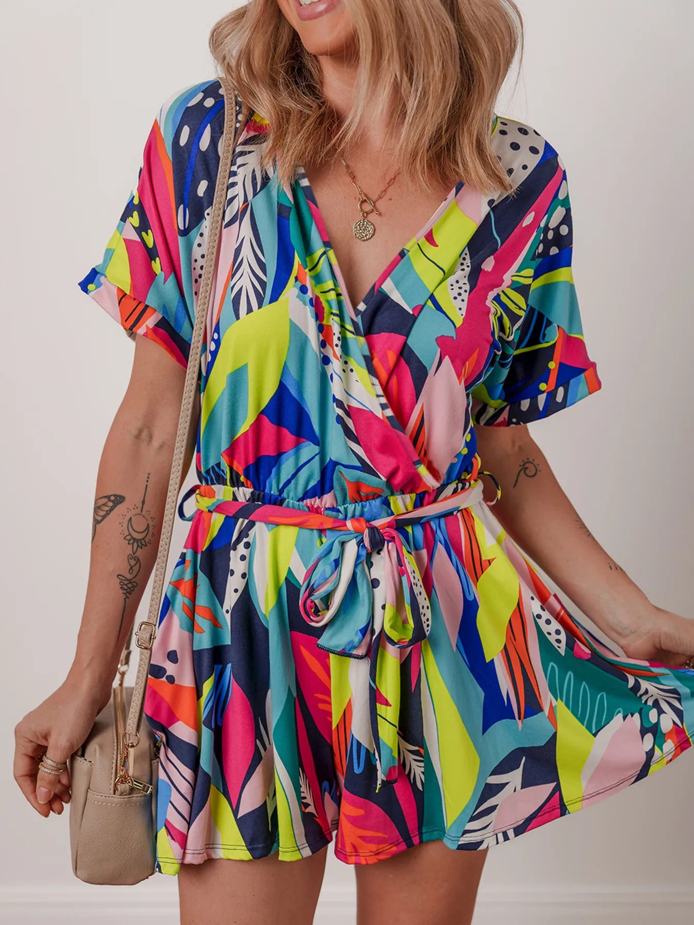 Multicolour Tropical Printed Surplice Neck Tie Waist Romper Multicolor OutfitFlow