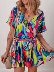 Multicolour Tropical Printed Surplice Neck Tie Waist Romper Multicolor OutfitFlow