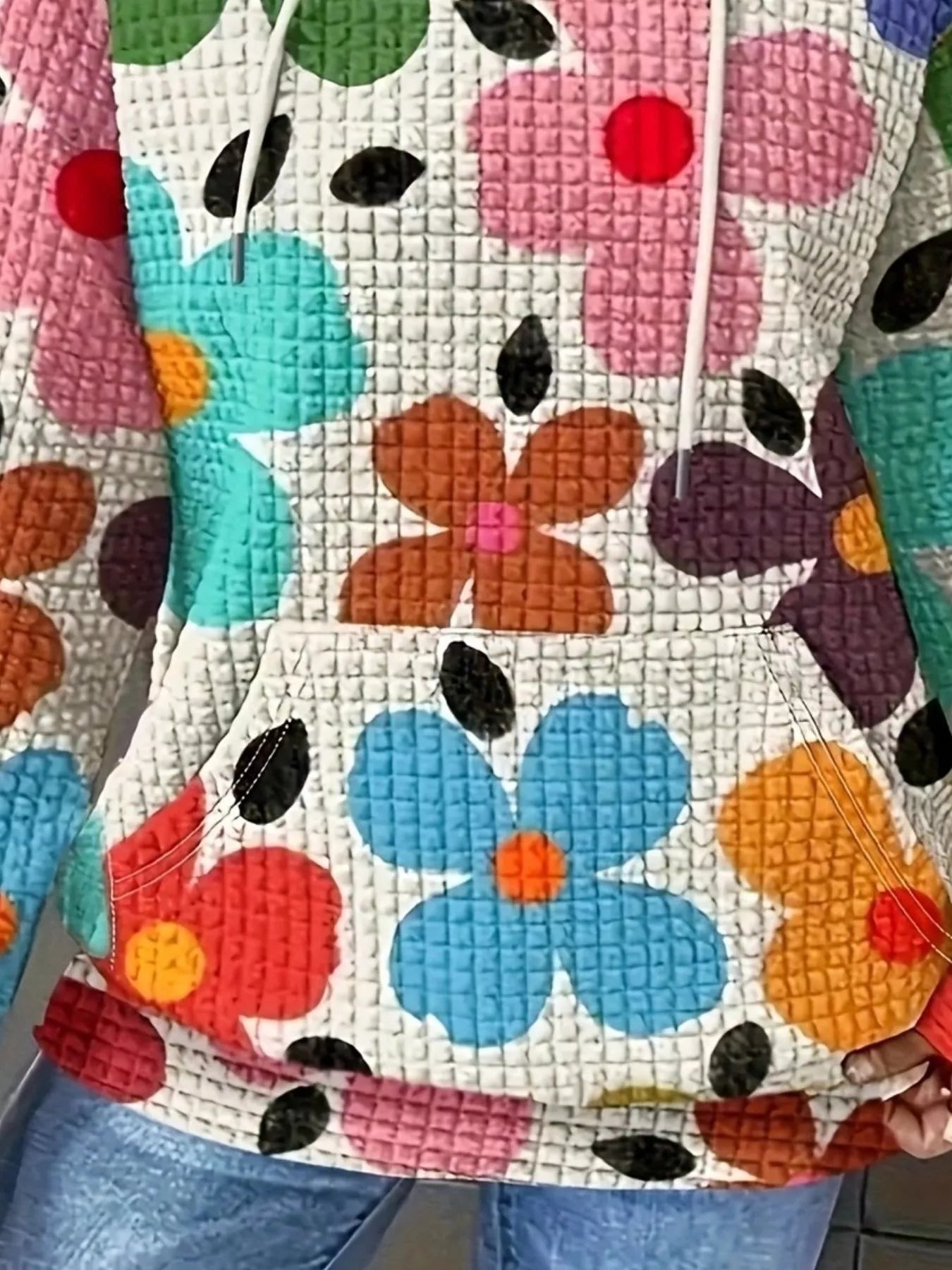 Floral Print Textured Drawstring Hoodie OutfitFlow