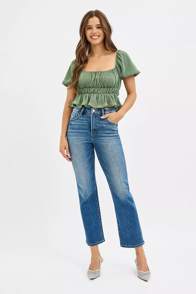 RISEN Tummy Control High Rise Crop Straight Jeans OutfitFlow