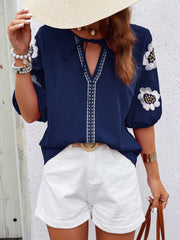 Embroidered Tie Neck Puff Sleeve Blouse OutfitFlow