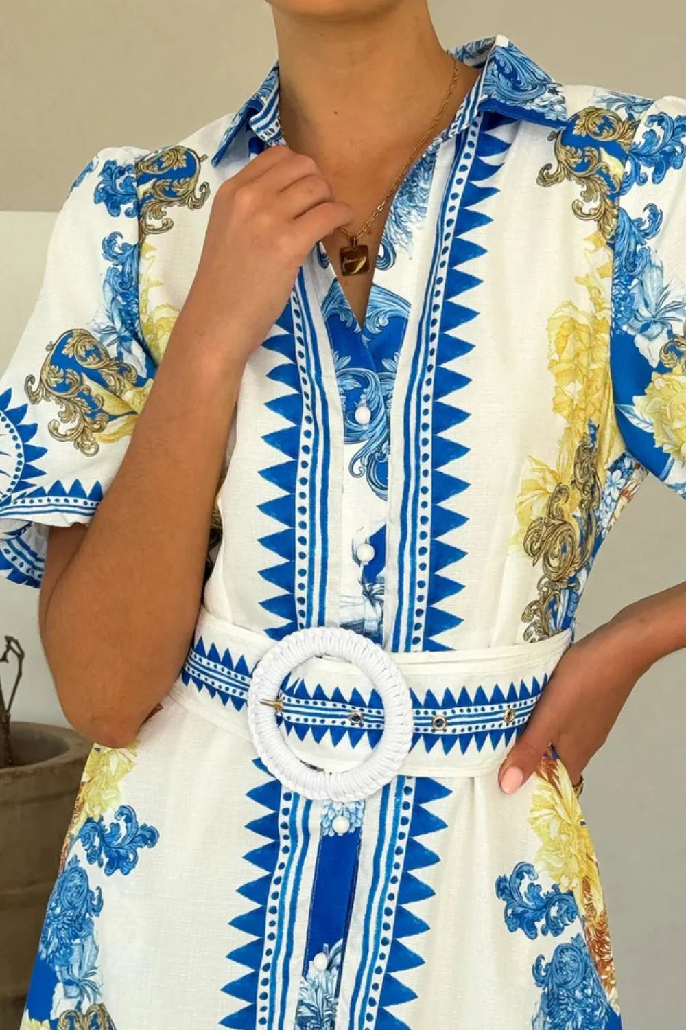 Printed Collared Neck Half Sleeve Dress OutfitFlow