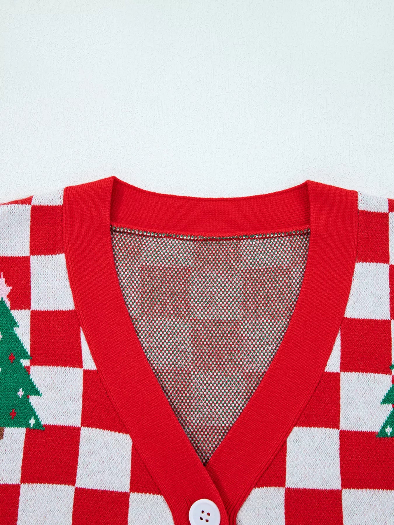 Christmas Tree Pattern Checkered Button V Neck Cardigan OutfitFlow