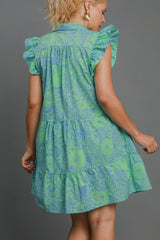 Umgee Full Size Printed Ruffle Cap Sleeve Babydoll Dress Plus Size OutfitFlow