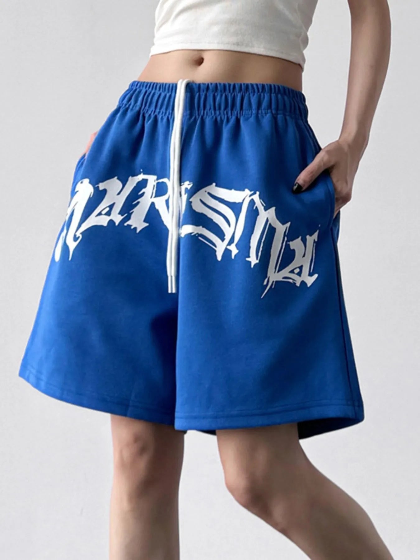 Oversized Drawstring Letter Shorts OutfitFlow