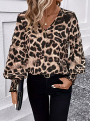 Leopard V-Neck Long Sleeve Blouse OutfitFlow