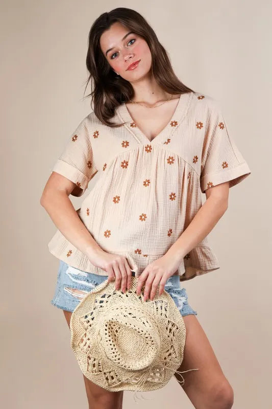 VERY J Flower Embroidered Woven Blouse OutfitFlow