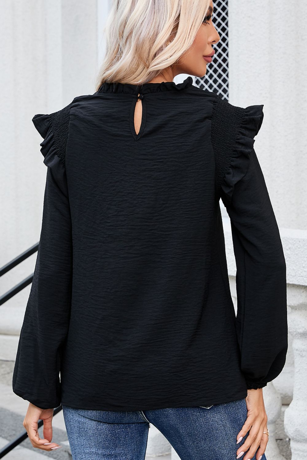 Frill Mock Neck Ruffled Balloon Sleeve Blouse OutfitFlow