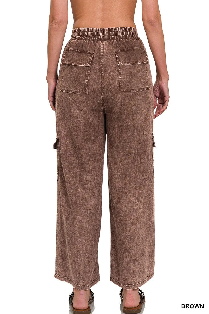 Zenana Washed Linen Elastic Band Waist Cargo Pants OutfitFlow