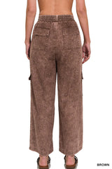 Zenana Washed Linen Elastic Band Waist Cargo Pants OutfitFlow