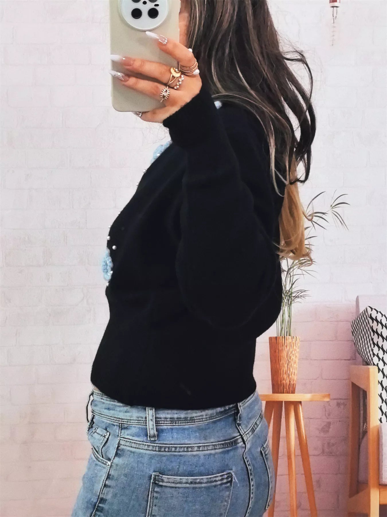 Flower Pearl Detail Ribbed Hem Sweater OutfitFlow