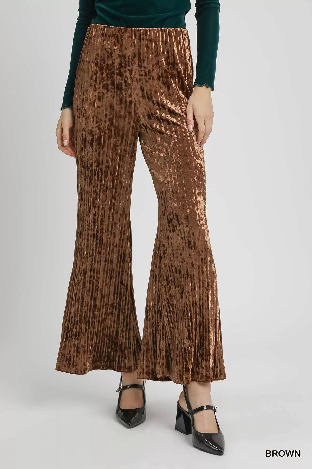 Umgee Velvet Pleated Wide Leg Pants Brown Trendsi