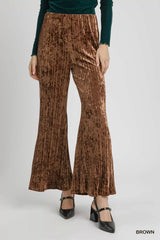 Umgee Velvet Pleated Wide Leg Pants Brown Trendsi