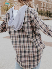 Outfit Flow - Drawstring Plaid Hooded Long Sleeve Shirt