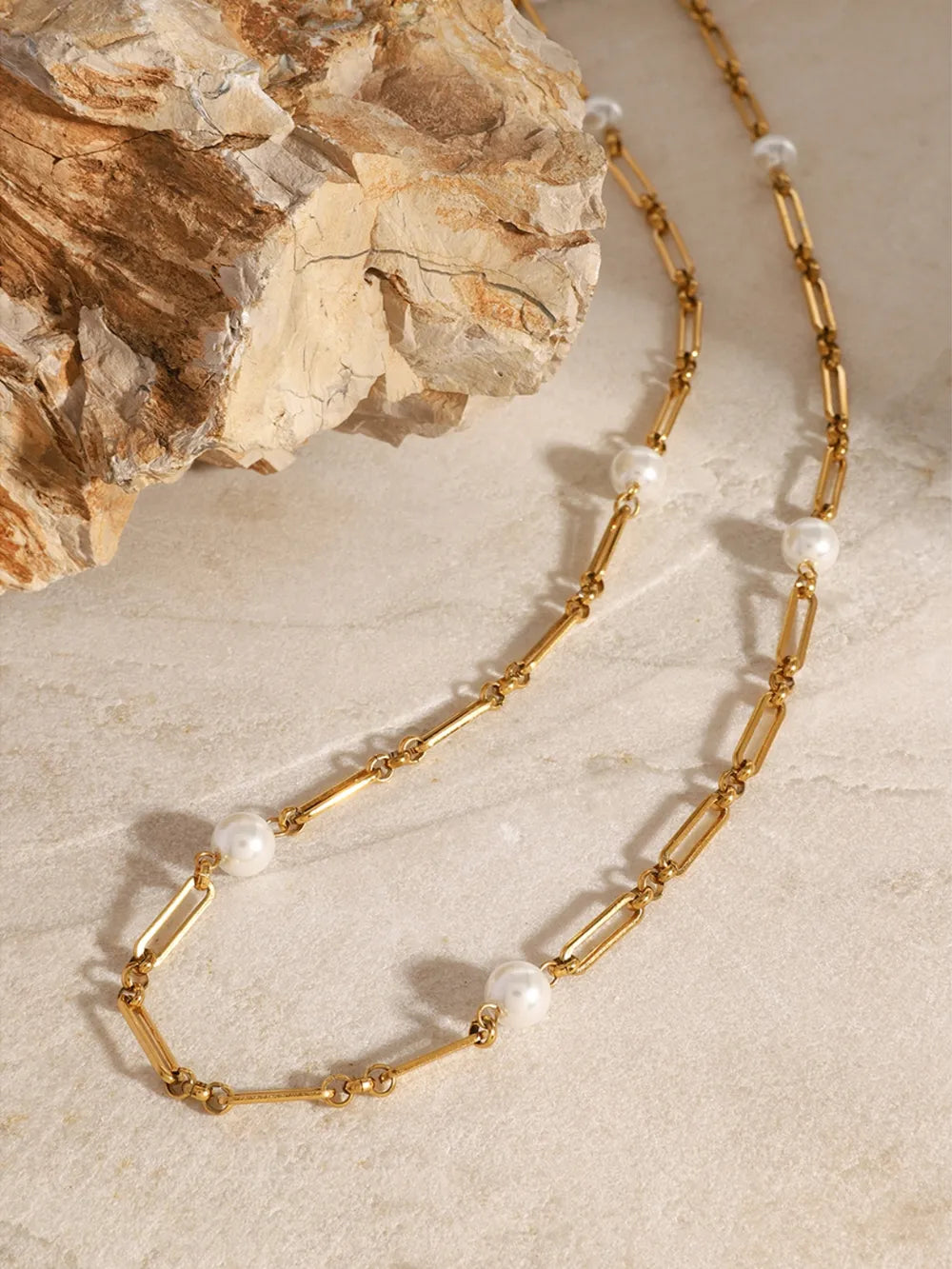 Stainless Steel Pearl Chain Necklace OutfitFlow