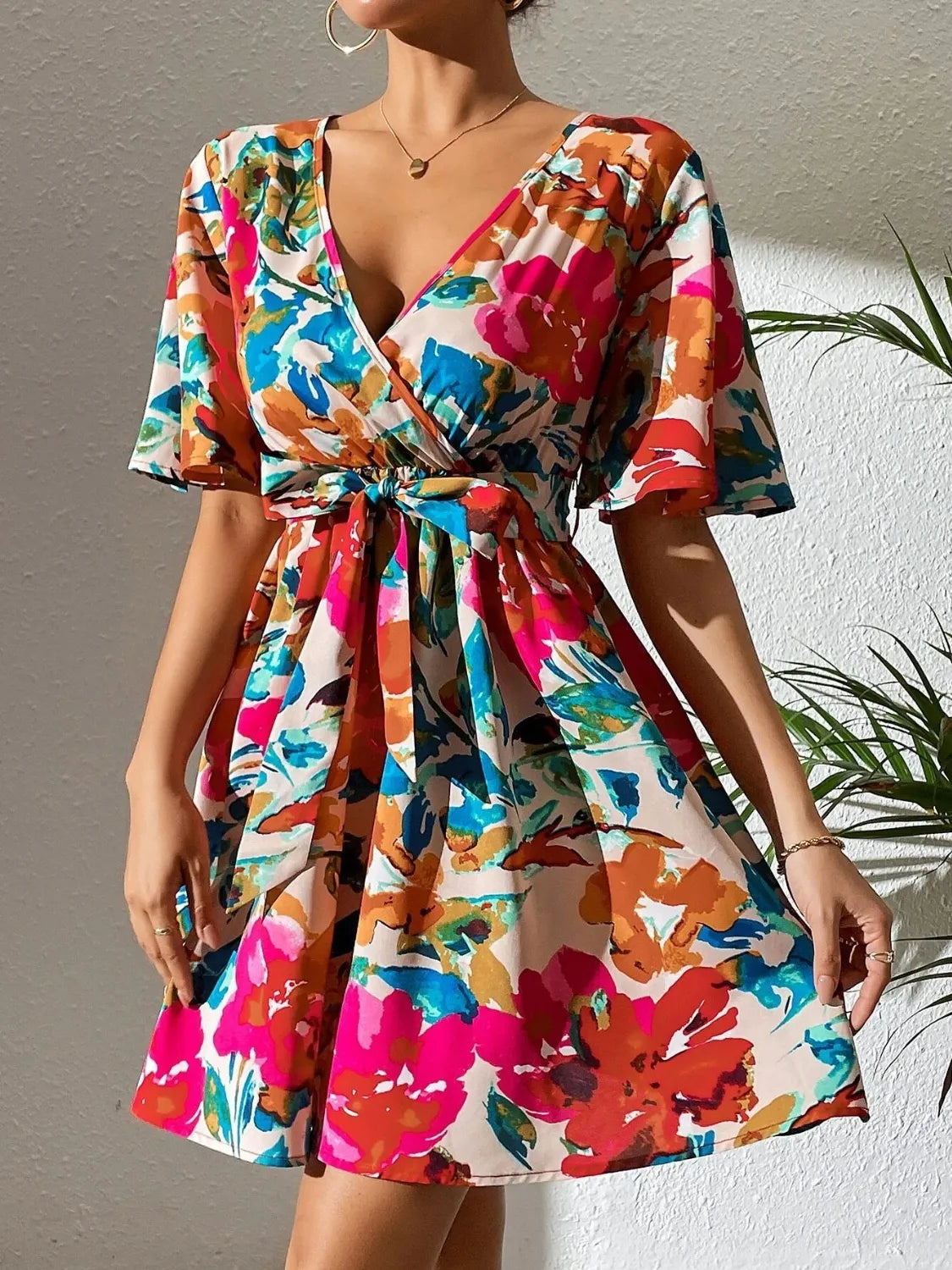 Printed Surplice Short Sleeve Mini Dress OutfitFlow
