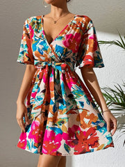 Printed Surplice Short Sleeve Mini Dress OutfitFlow