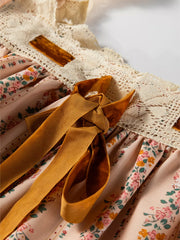 Floral Print Bow Lace Patchwork Long Sleeve Loose Mini Dress Trendsi