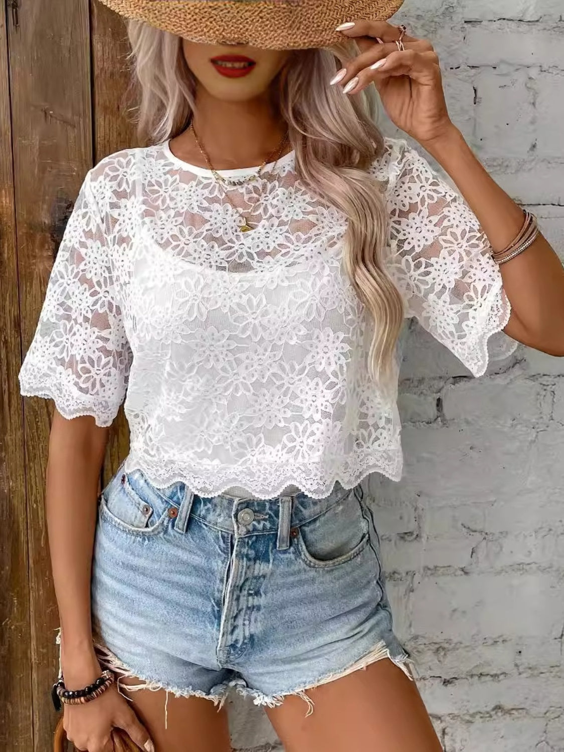 Flower Texture Round Neck Short Sleeve Top