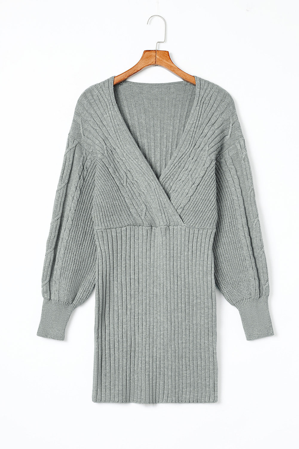 Outfit Flow - Cable-Knit Surplice Lantern Sleeve Sweater Dress