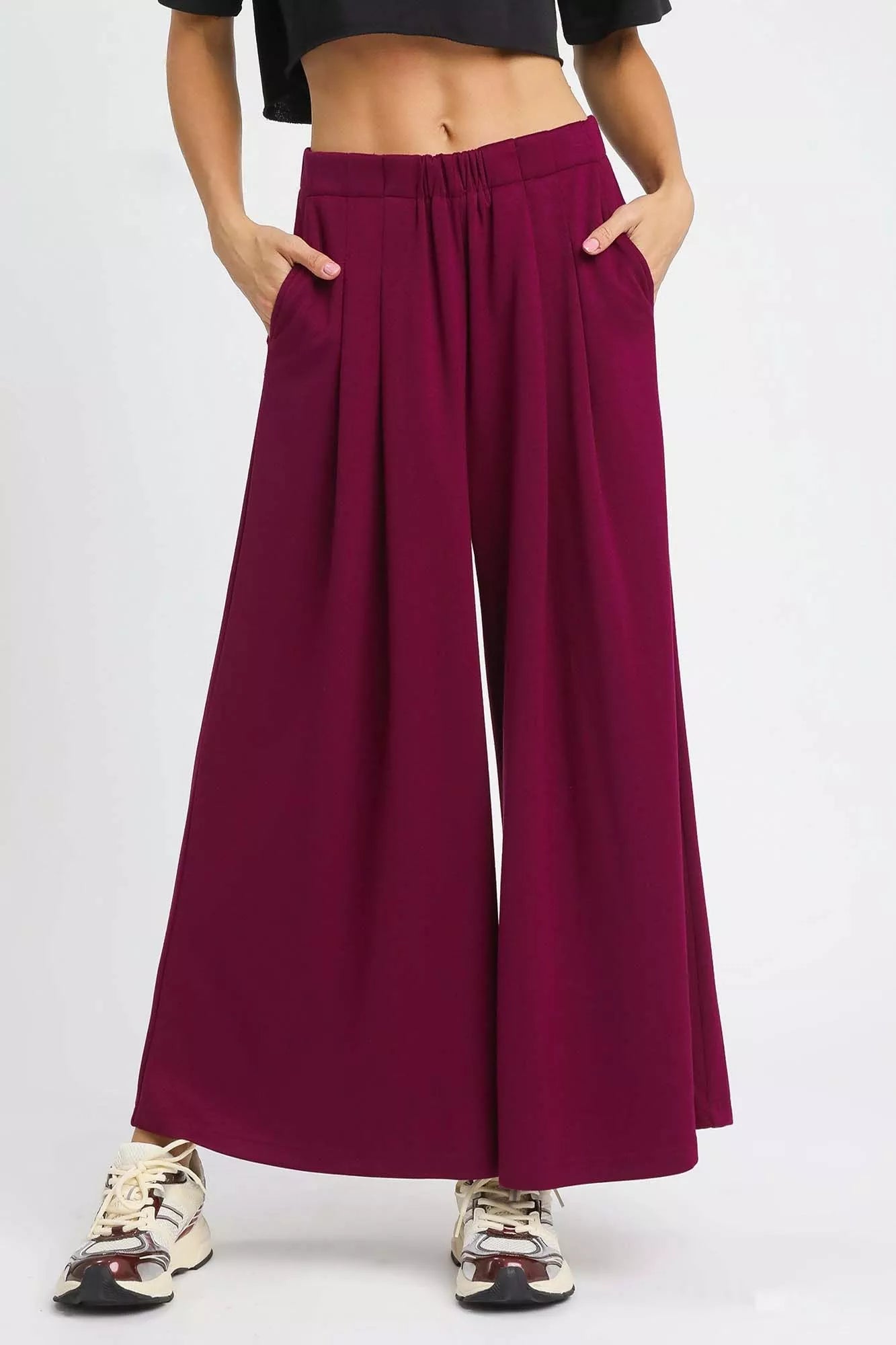 Umgee Wide Leg Pants with Pockets MERLOT OutfitFlow