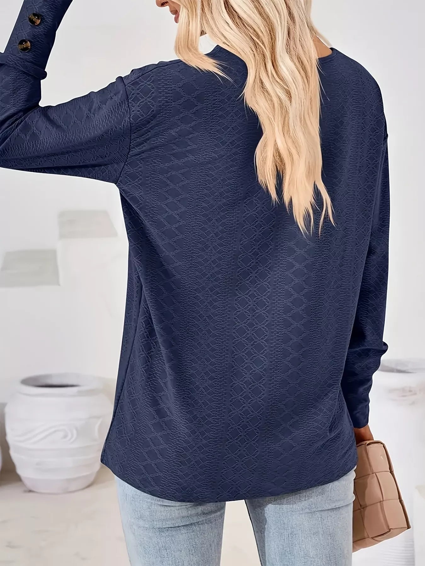 Plus Size V-Neck Textured Long Sleeve T-Shirt OutfitFlow