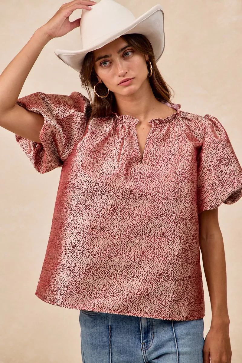 BiBi Jacquard Woven Short Balloon Sleeves V Neck Top OutfitFlow