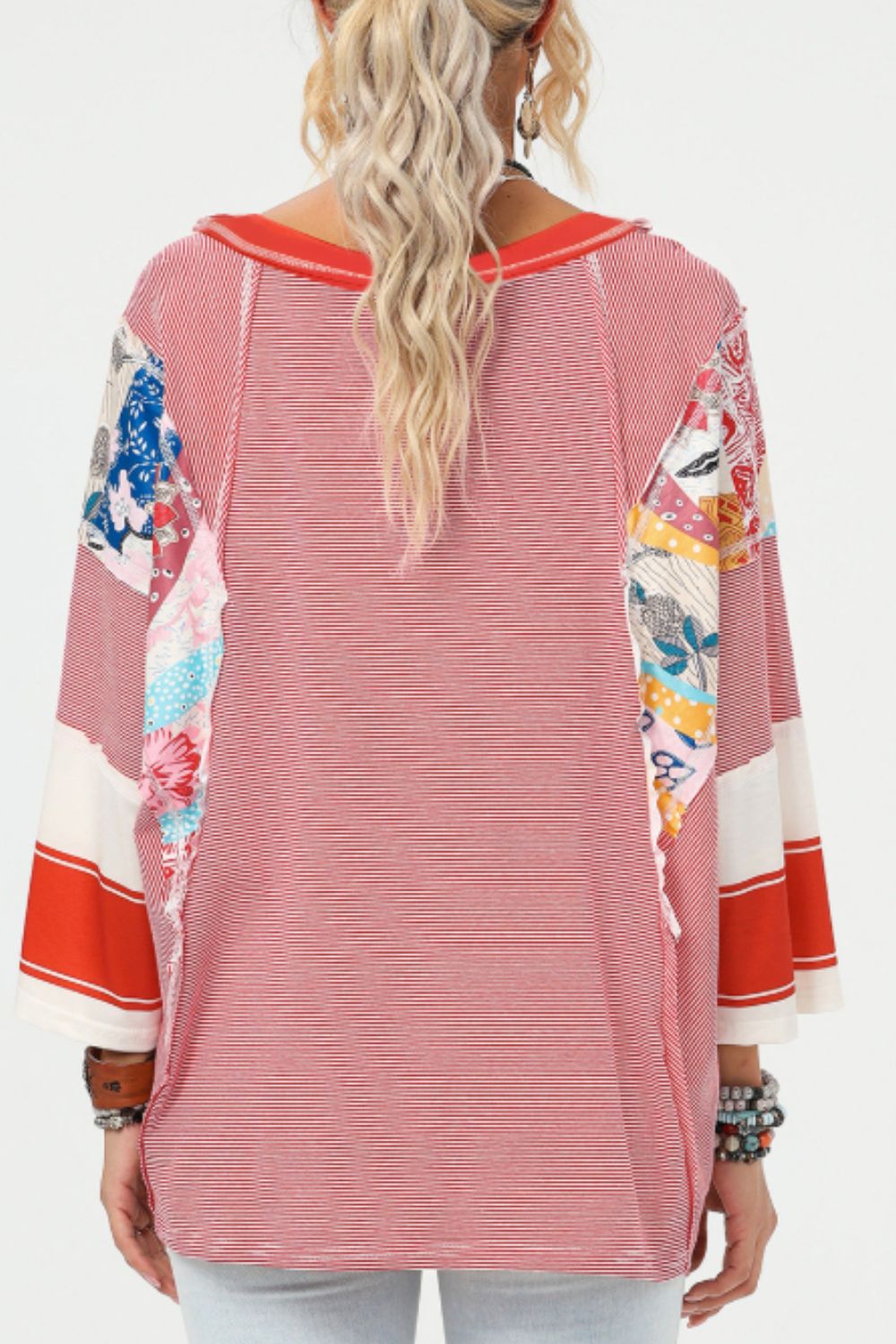 Outfit Flow - Striped Floral Patchwork Round Neck Top