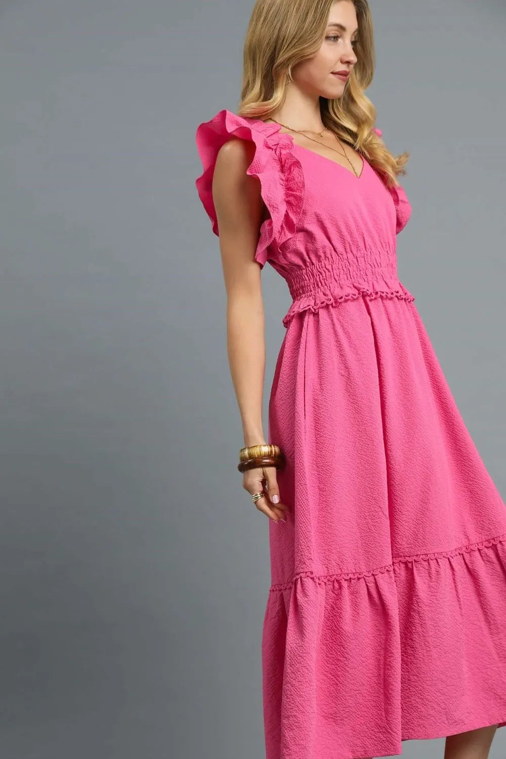 Umgee V-Neck Ruffled Cap Sleeve Midi Dress OutfitFlow