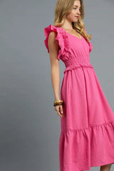 Umgee V-Neck Ruffled Cap Sleeve Midi Dress OutfitFlow
