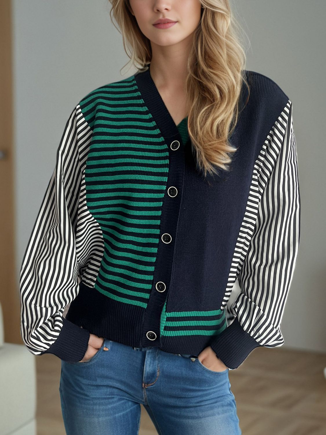 Outfit Flow - Striped Button Down Long Sleeve Cardigan