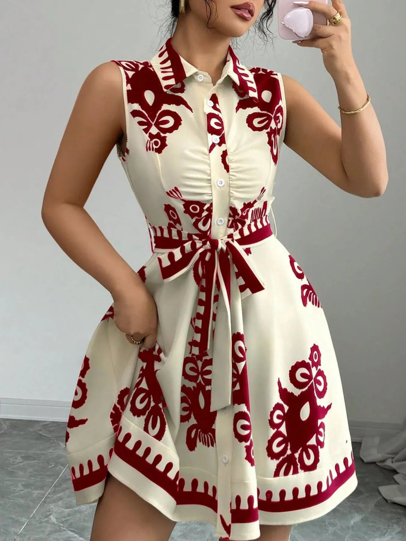 Printed Sleeveless Tie Waist Mini Dress OutfitFlow