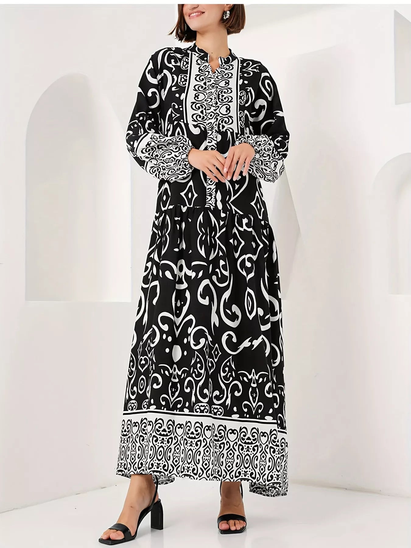 Printed Notched Balloon Sleeve Maxi Dress OutfitFlow