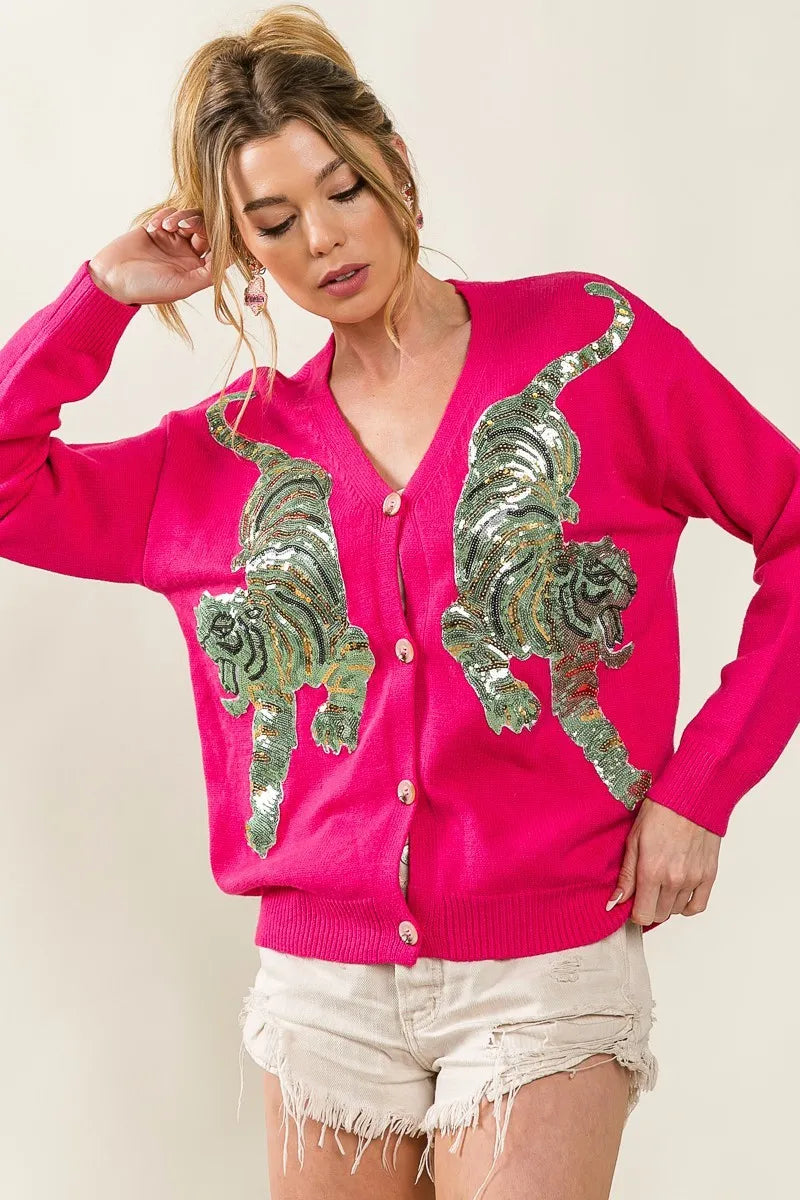 BiBi Front Tiger Sequin Patch V-neck Sweater Cardigan OutfitFlow