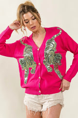 BiBi Front Tiger Sequin Patch V-neck Sweater Cardigan OutfitFlow