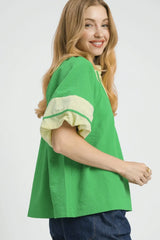Umgee Contrast Trim Notched Puff Sleeve Blouse OutfitFlow
