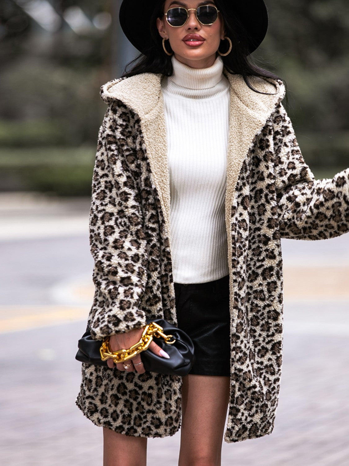 Shiny Leopard Hooded Coat with Pockets OutfitFlow