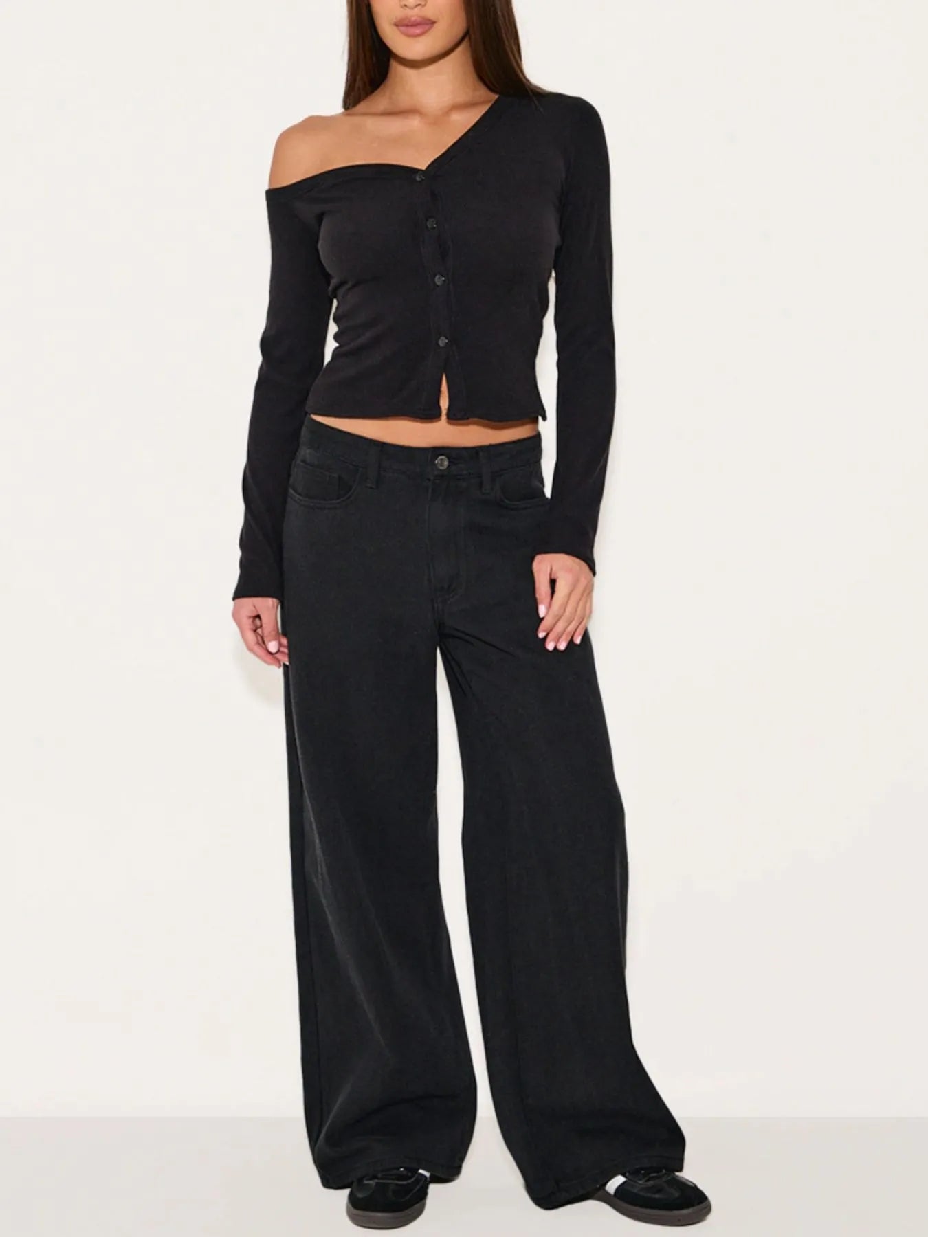 Asymmetrical Neck Button Up Cardigan OutfitFlow