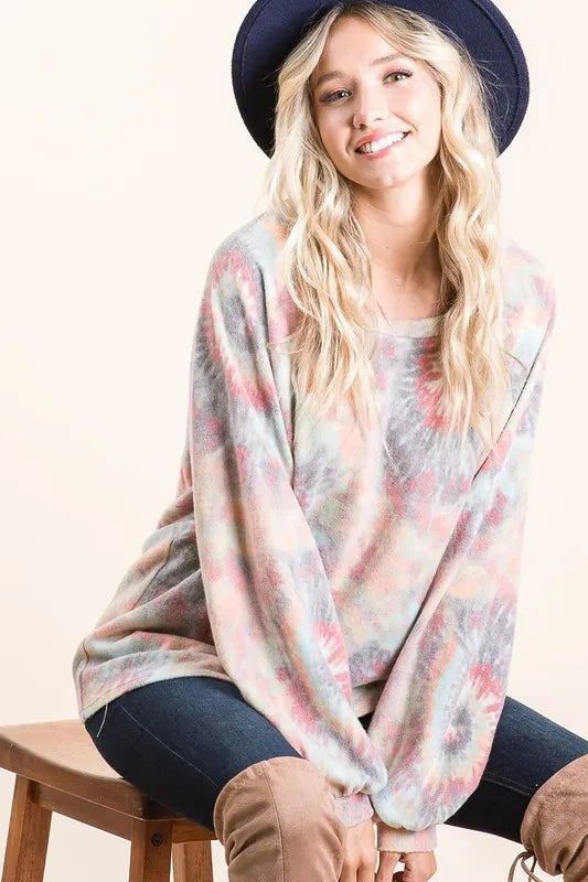 BiBi Brushed Tie Dye Print Top with Puff Sleeves OutfitFlow