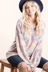 BiBi Brushed Tie Dye Print Top with Puff Sleeves OutfitFlow