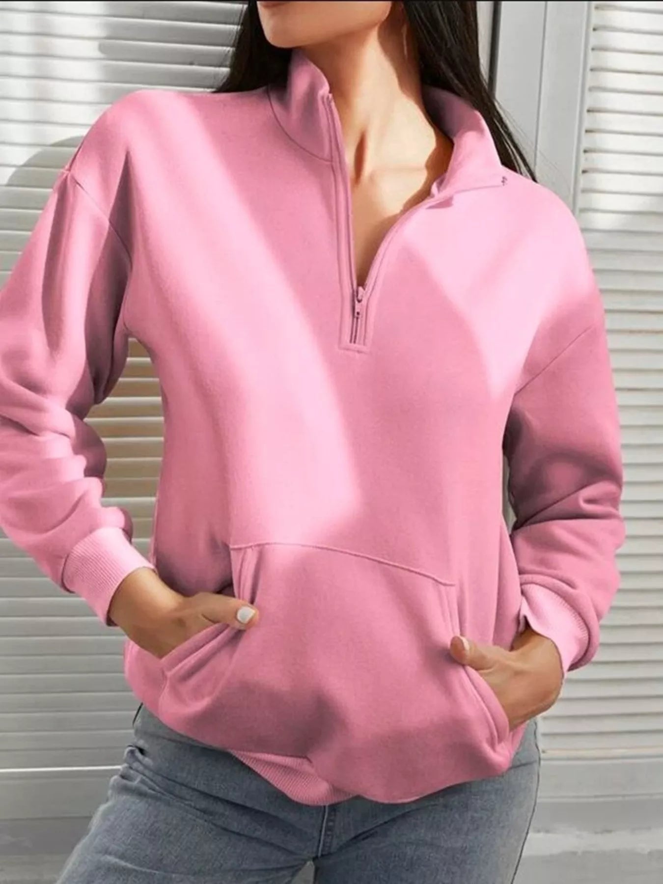 Zip-Up Collar Sweatshirt with Pocket OutfitFlow