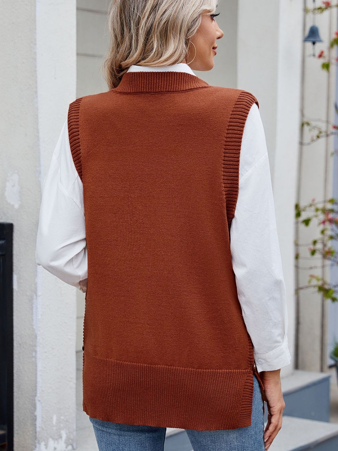 Buttoned Round Neck Sweater Vest