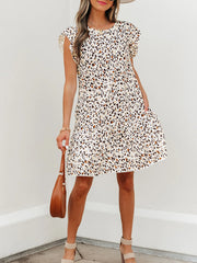 Leopard Ruffled Flutter Sleeve Keyhole Back Mini Dress OutfitFlow